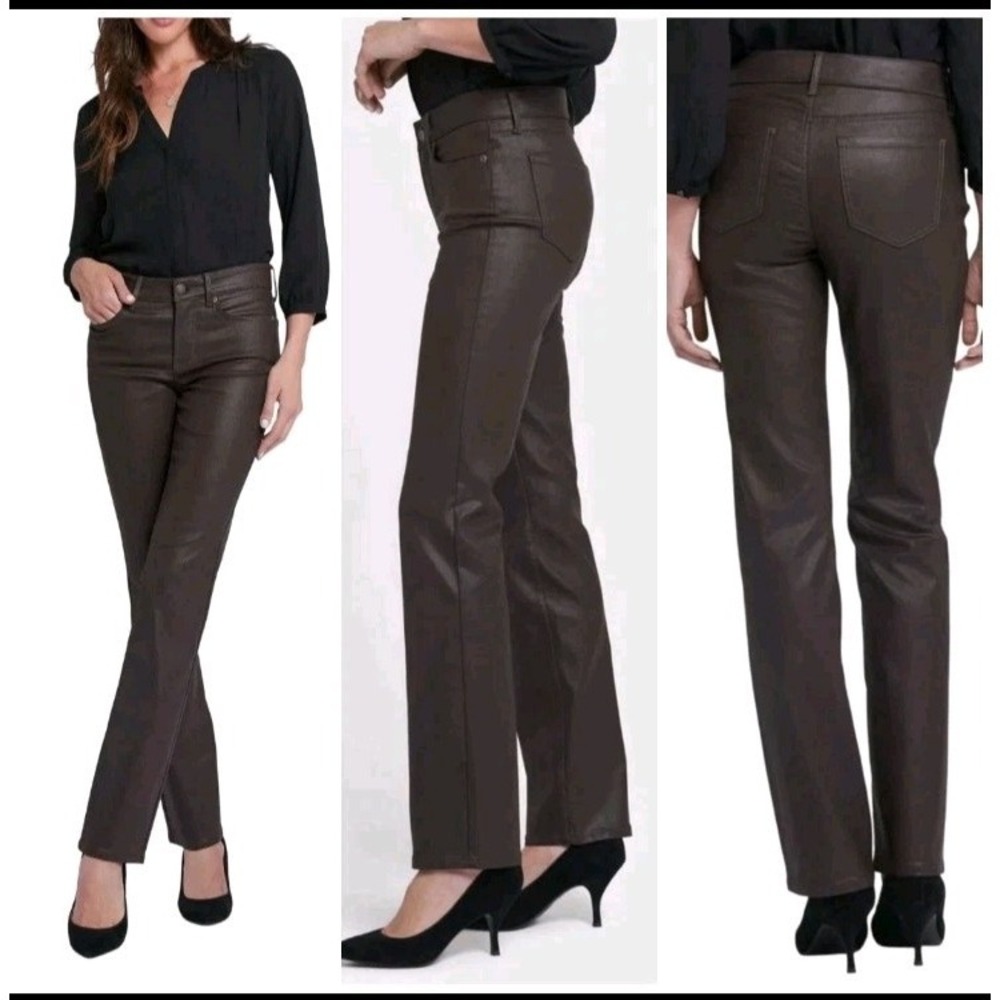 NYDJ Marilyn Straight Leg Coated Brown Jeans 10 Coffee Bean Lift Tuck Pants